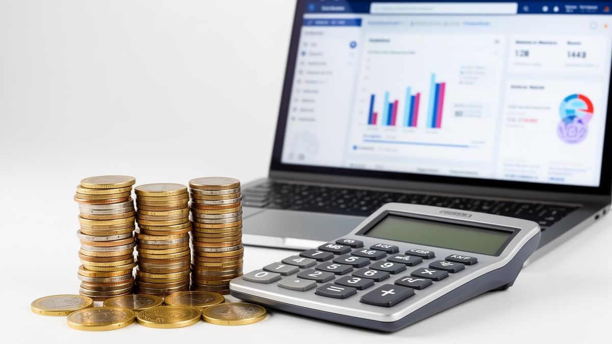 Hoja de cálculo y calculadora en un escritorio mostrando un plan estructurado de presupuesto mensual de Google Ads
