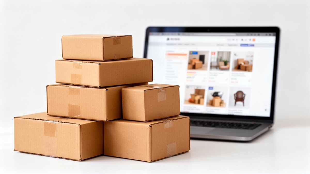 Shipping boxes next to a laptop displaying a branded ecommerce storefront, replacing an Amazon listing
