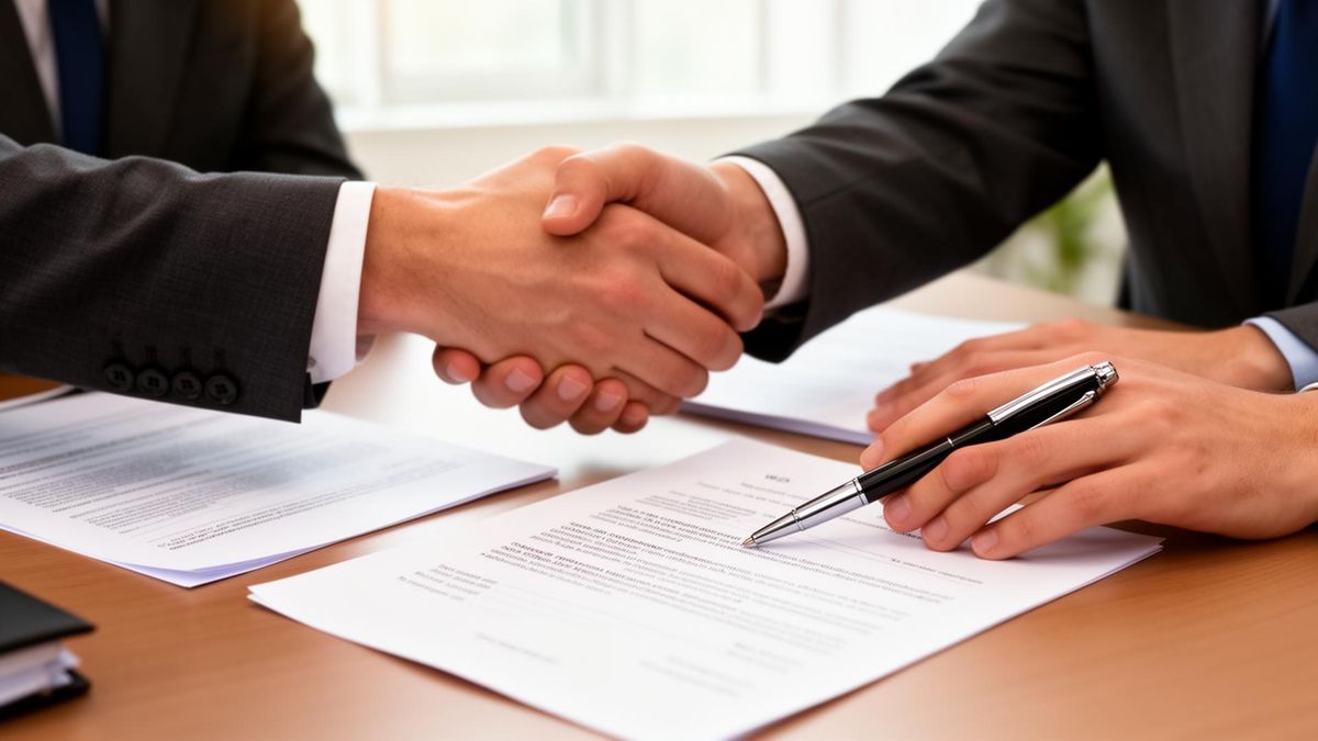 Dos personas dándose la mano sobre un contrato firmado, representando un lead convertido en cliente