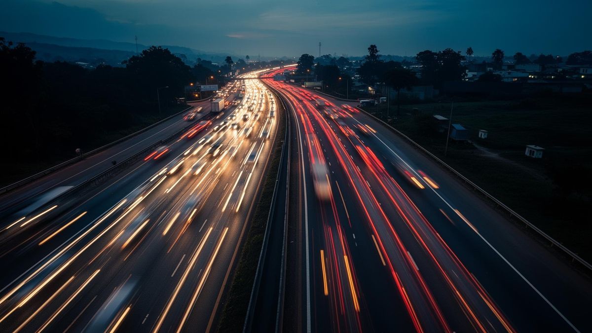Empty highway at dusk with car headlights speeding past, symbolising traffic that never stops to convert