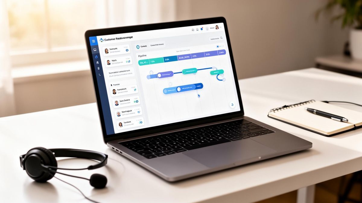 Interfaz de CRM mostrando contactos, pipeline de oportunidades y actividad reciente de clientes