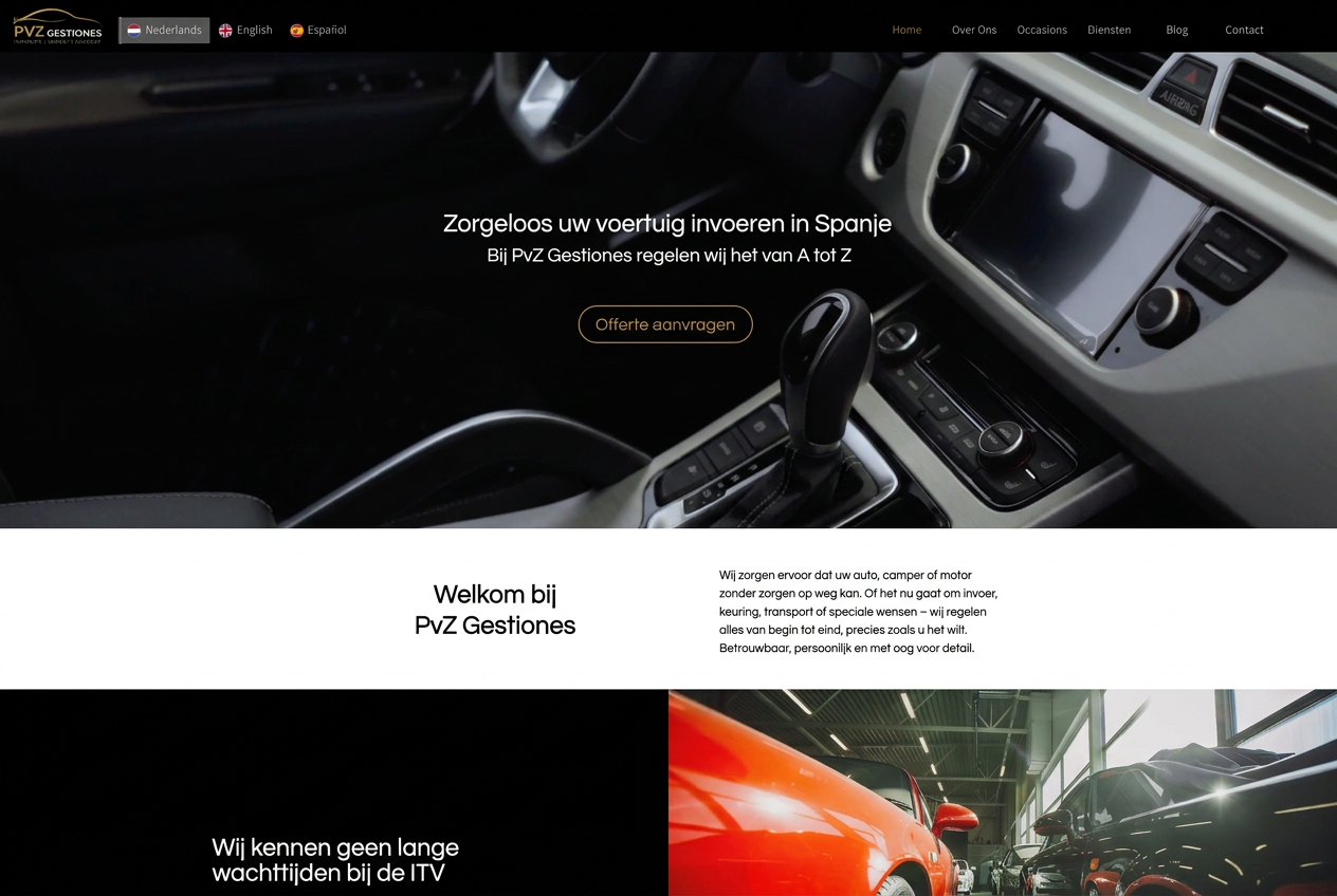 PvZ Gestiones — Multilingual website for car dealer in Jalón with custom web environment